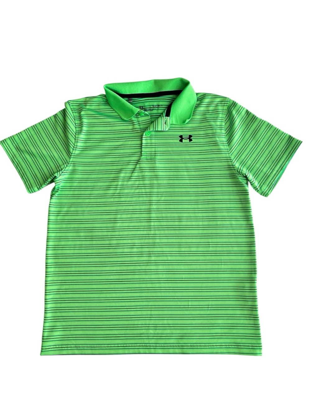 Under Armour Kids Polo Shirt L Neon Green Striped Golf Performance